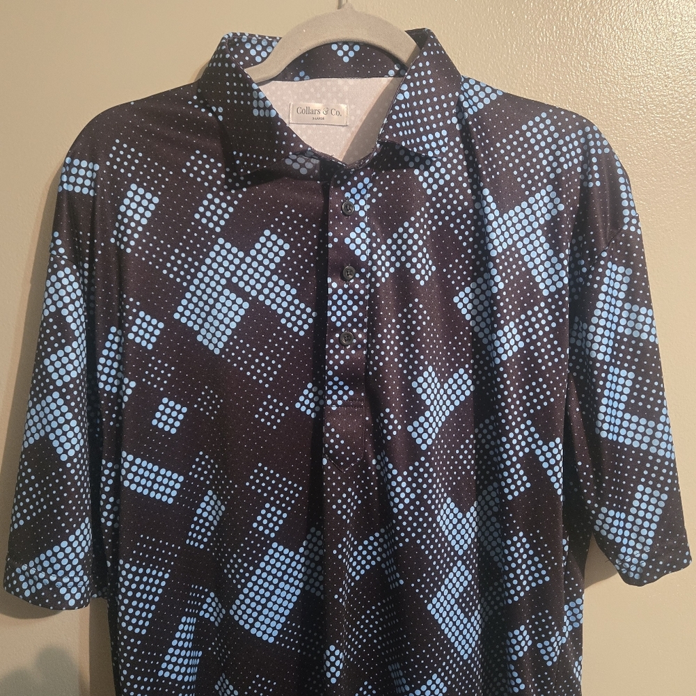Collars & Co Polo Shirt Men's XL Black Blue Geometric Short Sleeve Casual